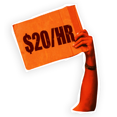 arm holding up a sign that says $20/hr